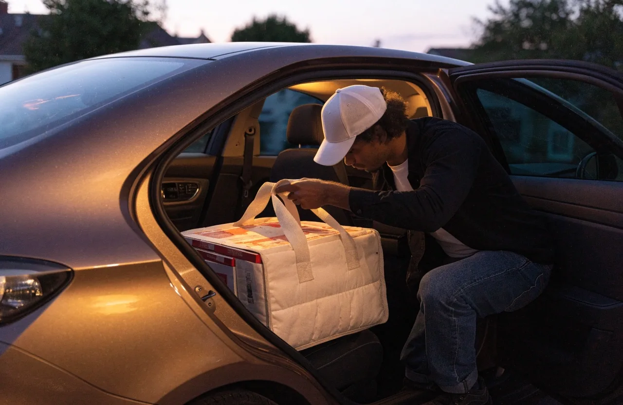Delivery bag on a car back seat at dusk