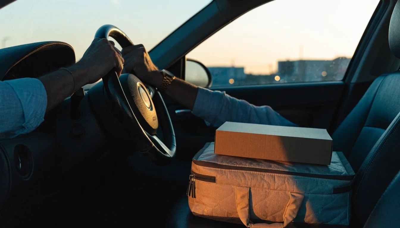 Driver at the wheel at dawn with a delivery bag on the seat