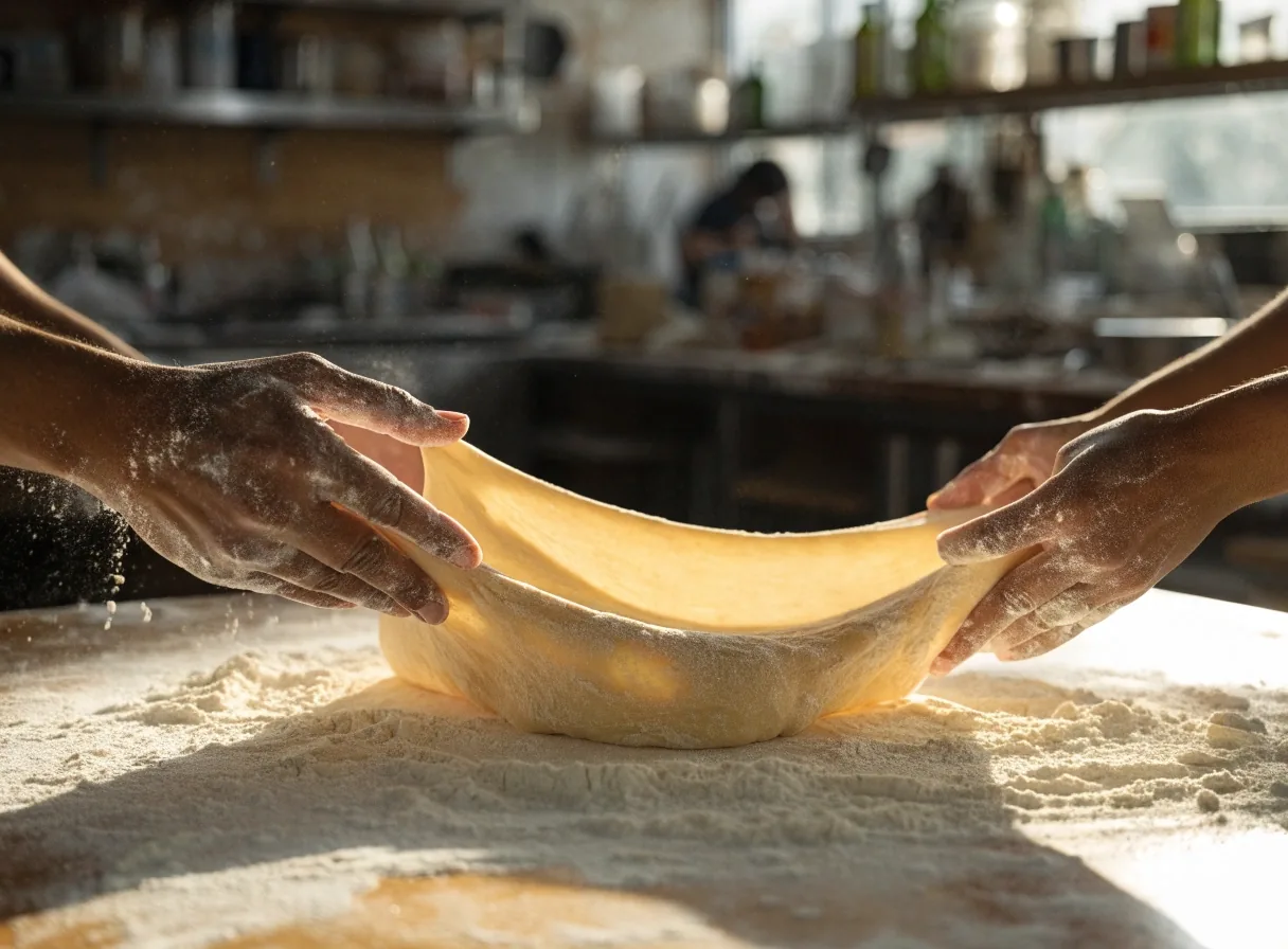 Hands stretching dough on a floured wooden prep table