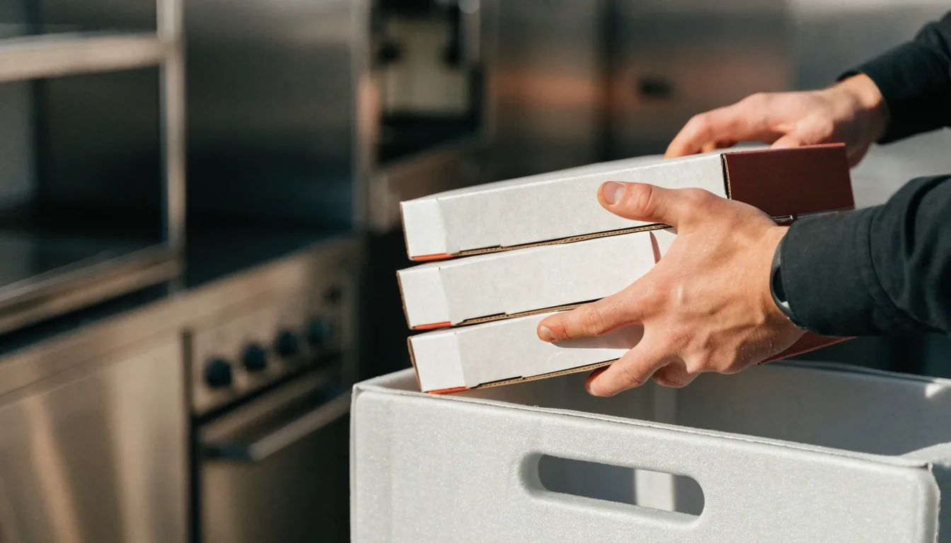 Stacked pizza boxes on a warm pass-through shelf