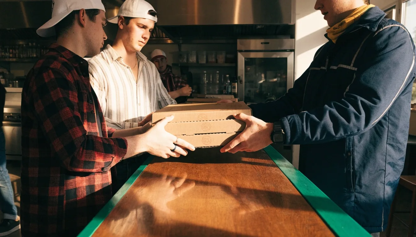 Warm delivery counter with pizza bag and stacked boxes in morning light