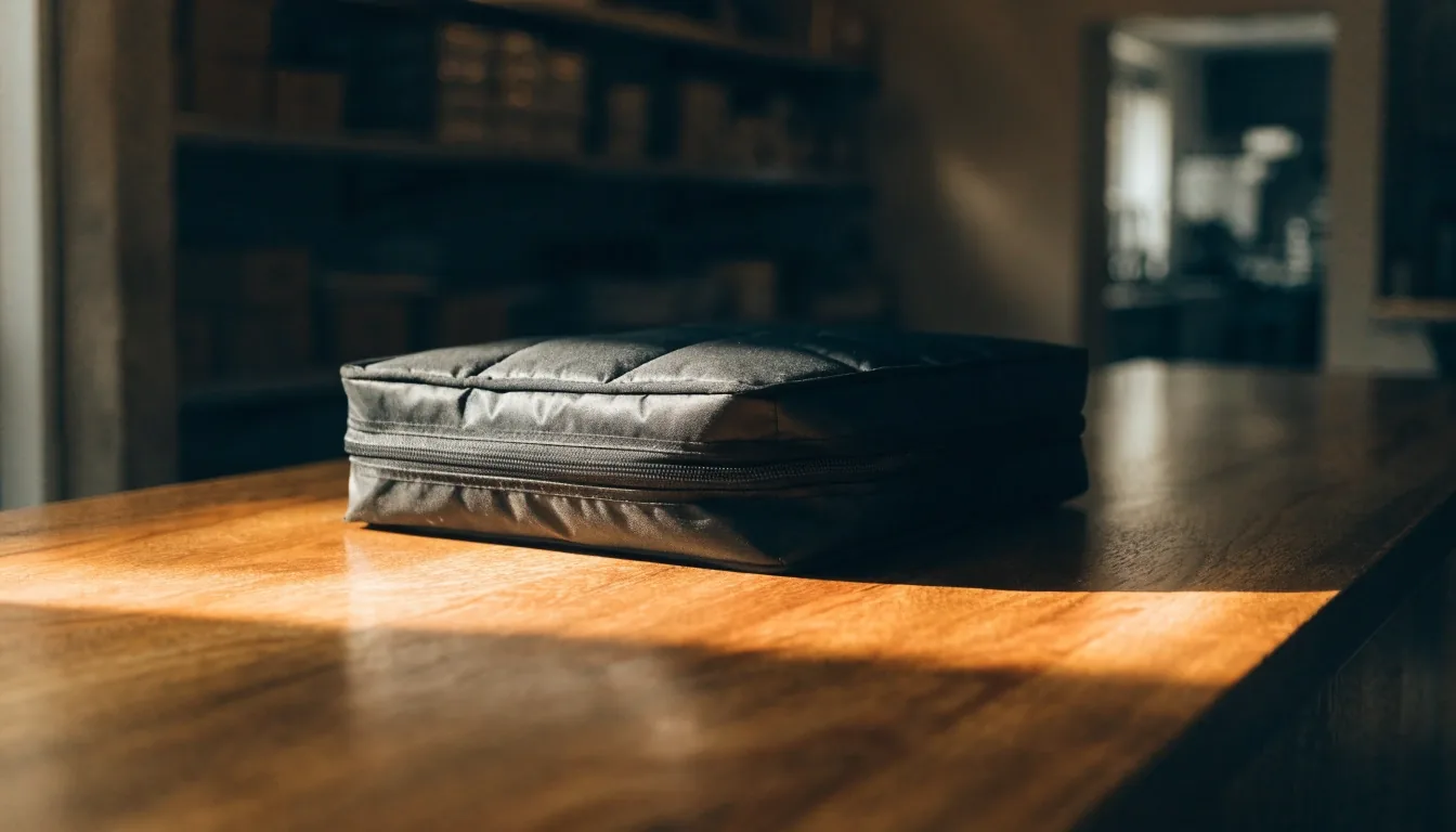 Delivery bag on a warm counter in morning light