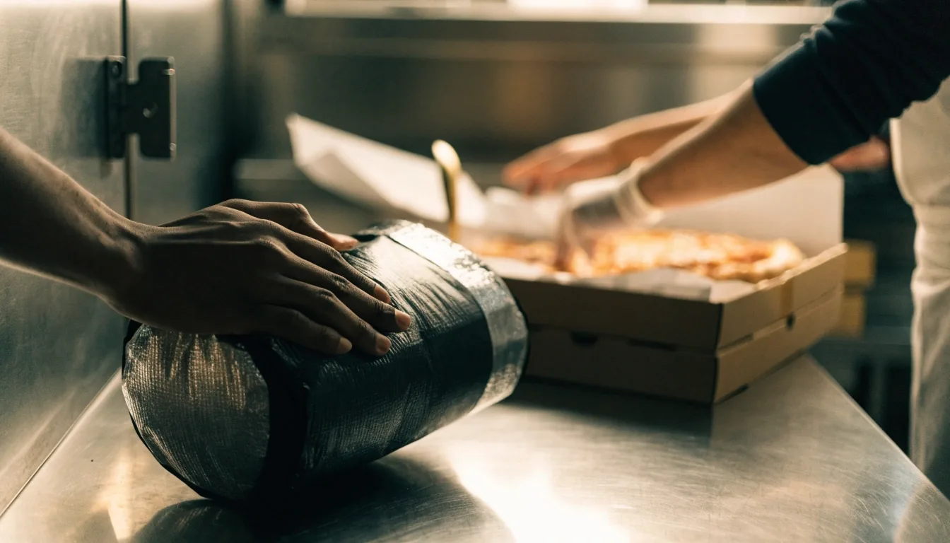 Hands sliding a delivery bag across a counter