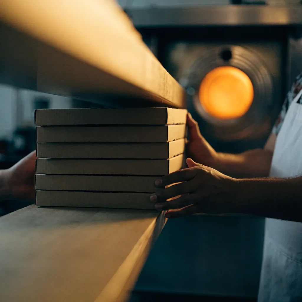 Stacked pizza boxes on a warm pass-through shelf