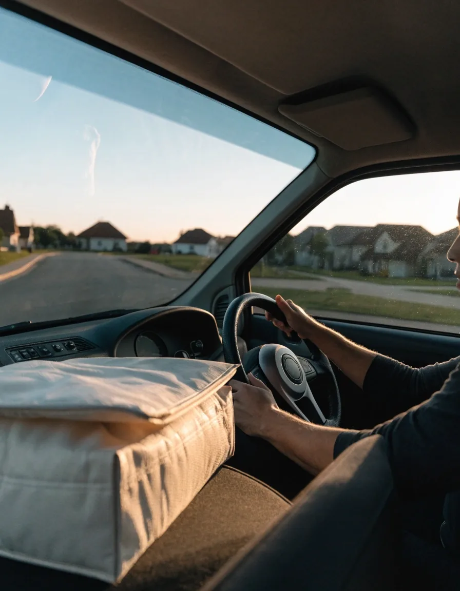Driver at the wheel with a delivery bag on the back seat at dawn