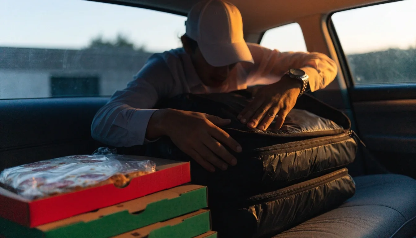 Driver securing a Dion's pizza delivery bag in a car at dawn