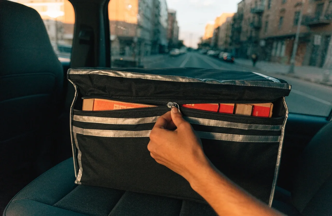 Delivery bag ready on a car back seat at dawn