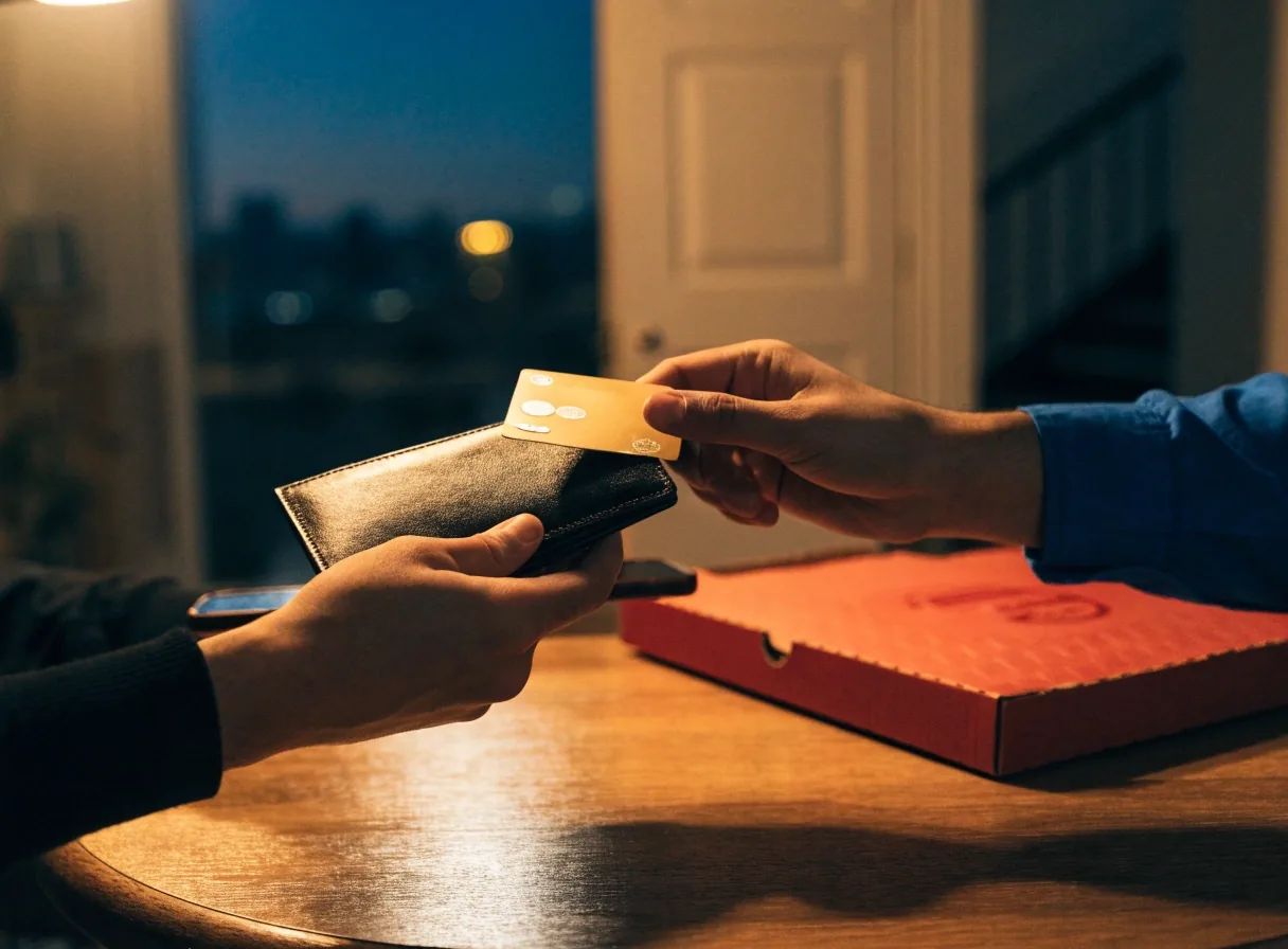 Hands checking an order confirmation beside a pizza box