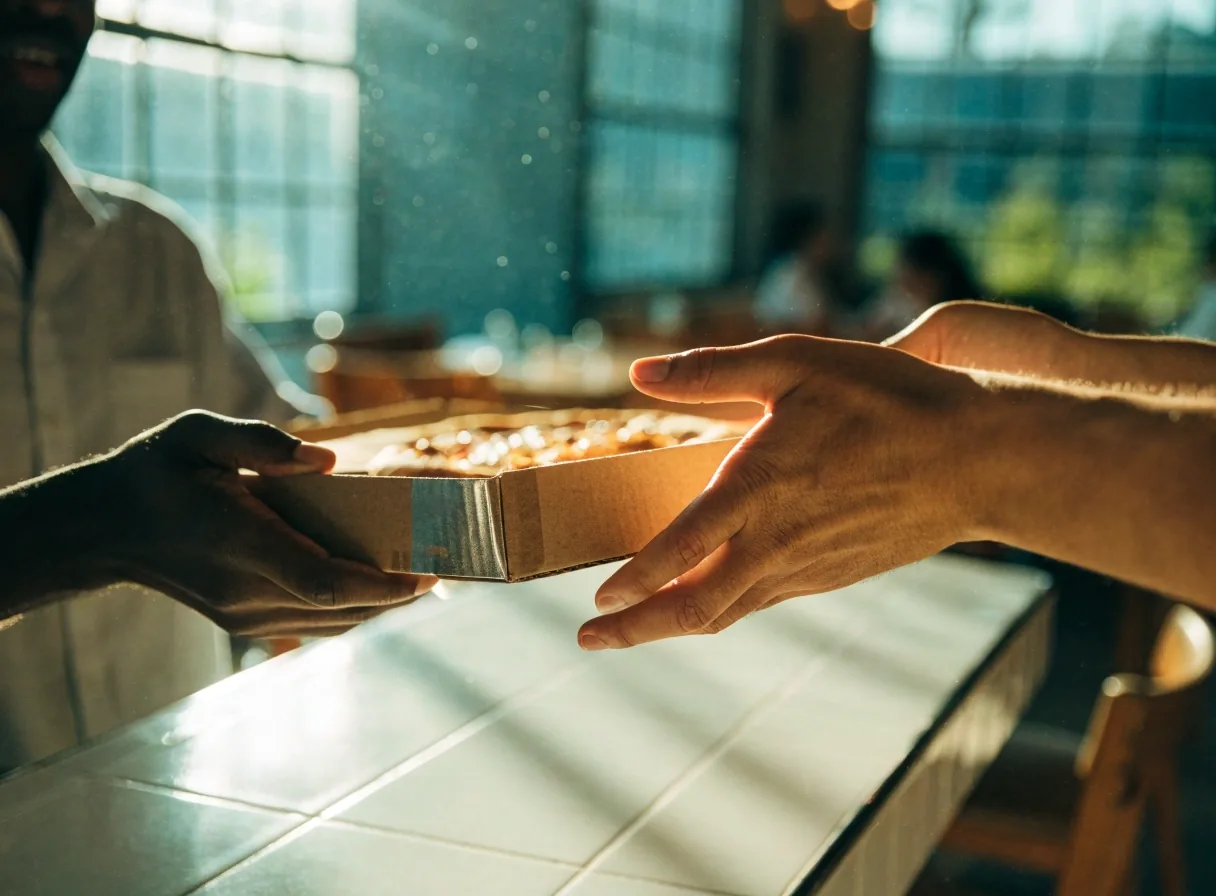Stacked pizza boxes ready for pickup on a pass-through shelf