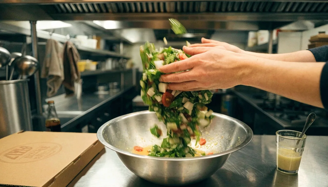 Fresh salad with dressing on the side next to a pizza box