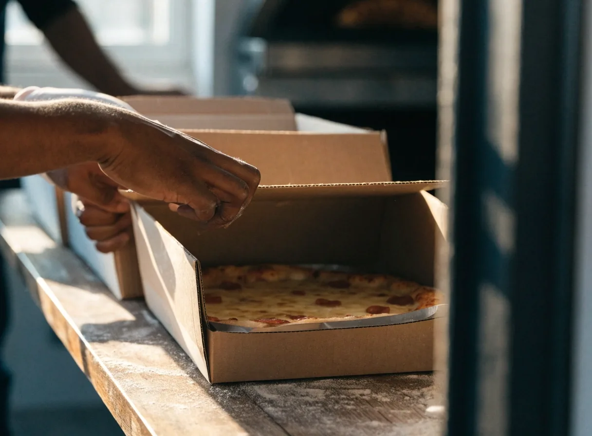 Thin pizza with light toppings in an open delivery box