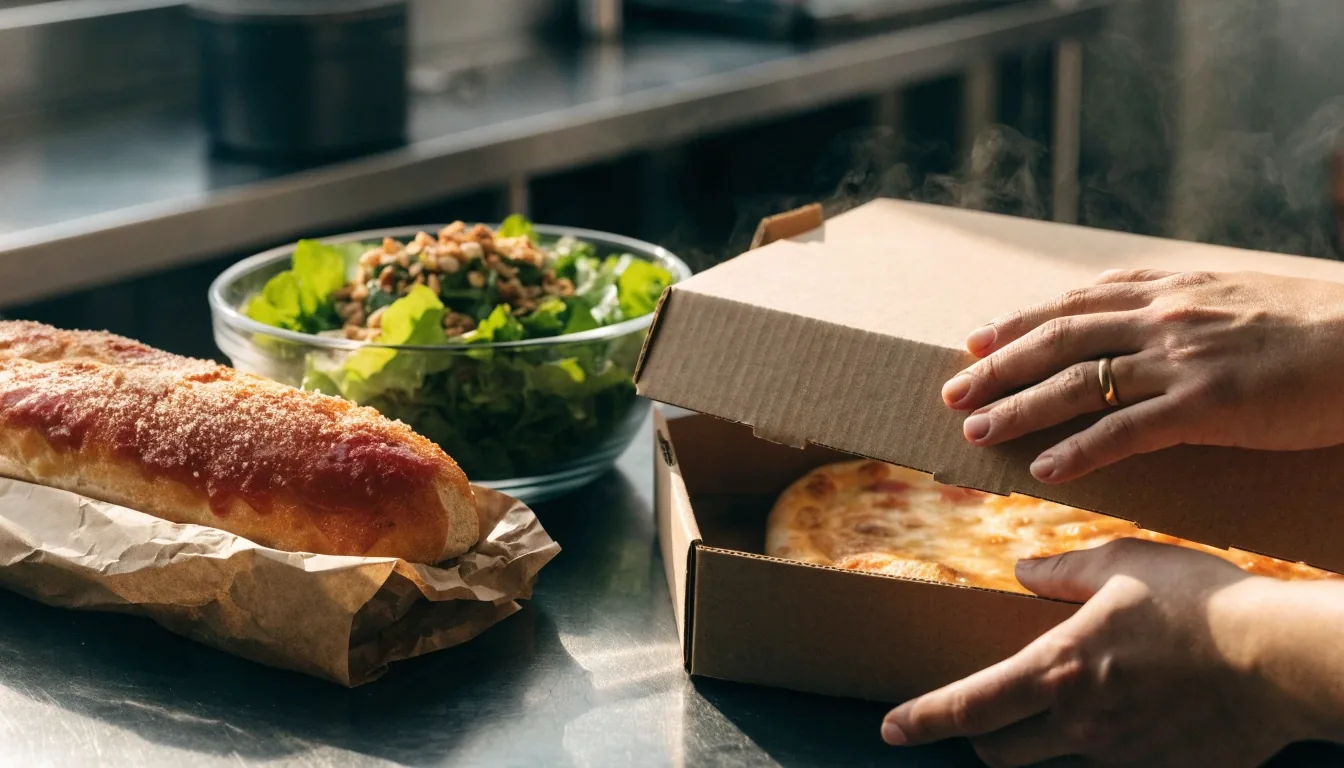 Warm pizza counter with delivery bag and stacked boxes in morning light