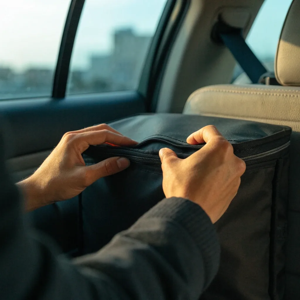 Driver closing a delivery bag on a car back seat