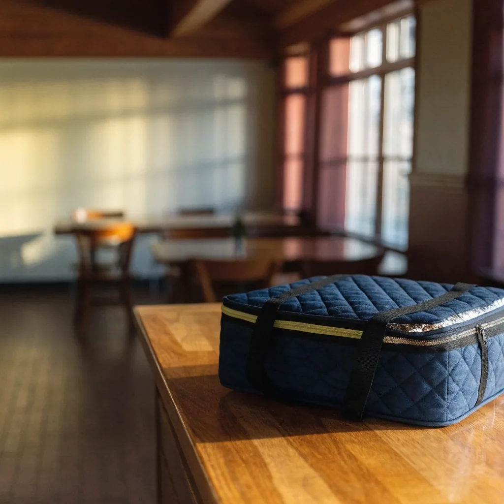 Paper order pad and delivery bag on a warm counter