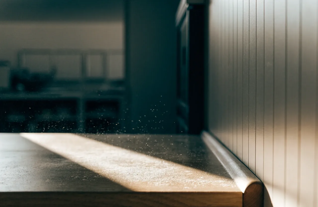 Wooden prep table corner with flour dust in morning sun