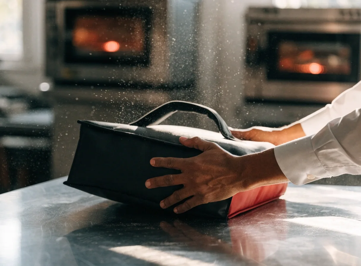 Hands sliding a delivery bag across a pizza counter