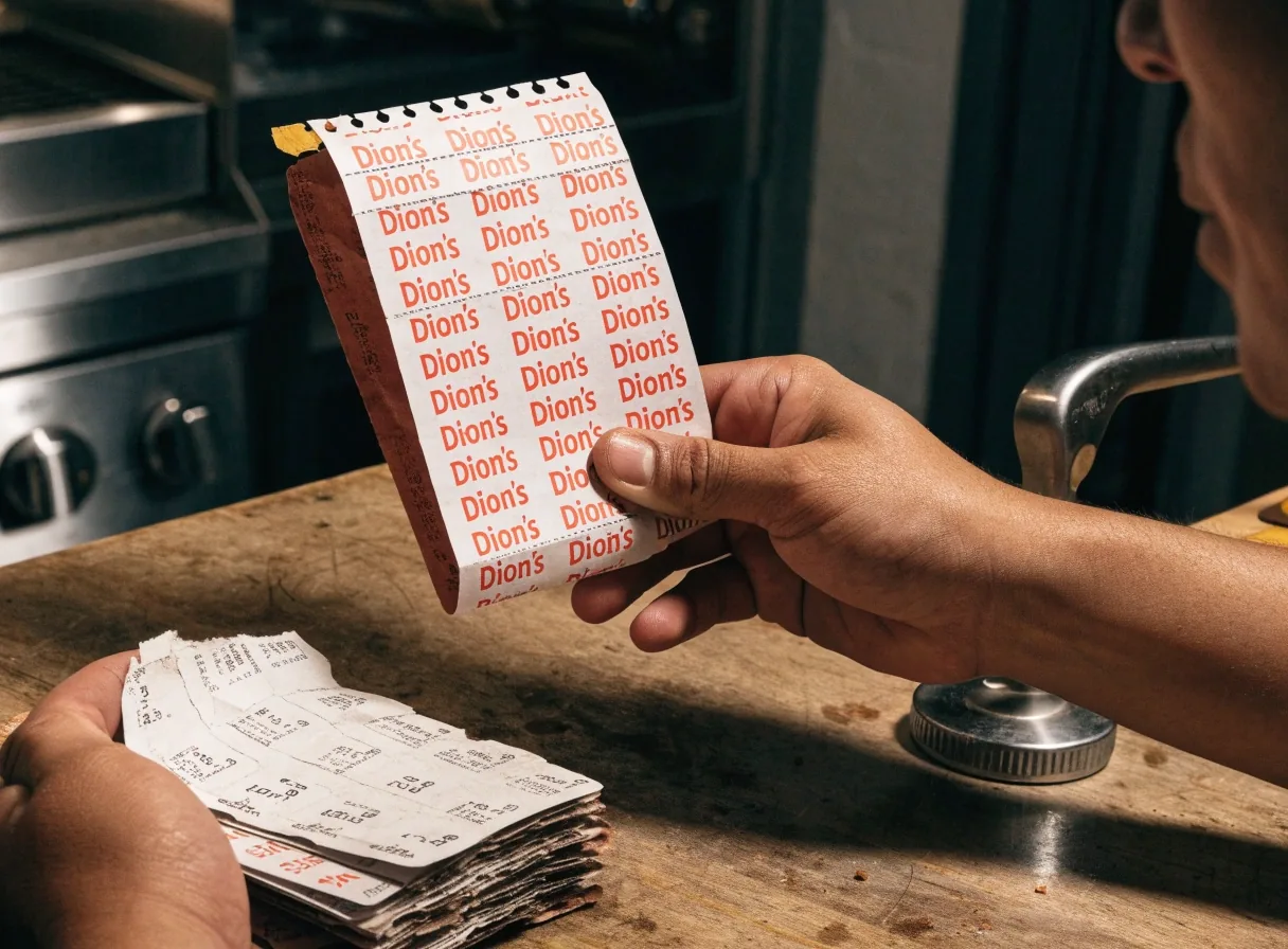 Order ticket pad on a pizza counter in morning light