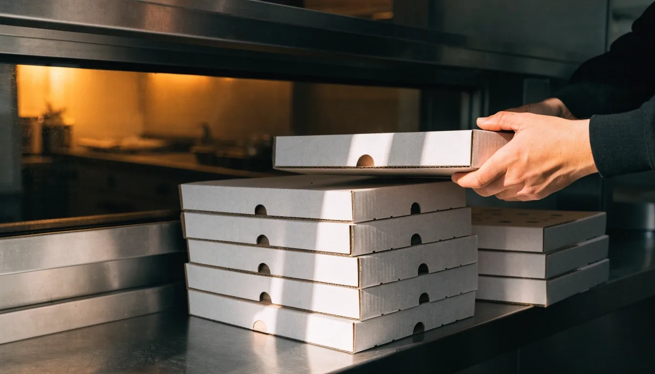 Stack of pizza boxes on a pass-through shelf in warm light