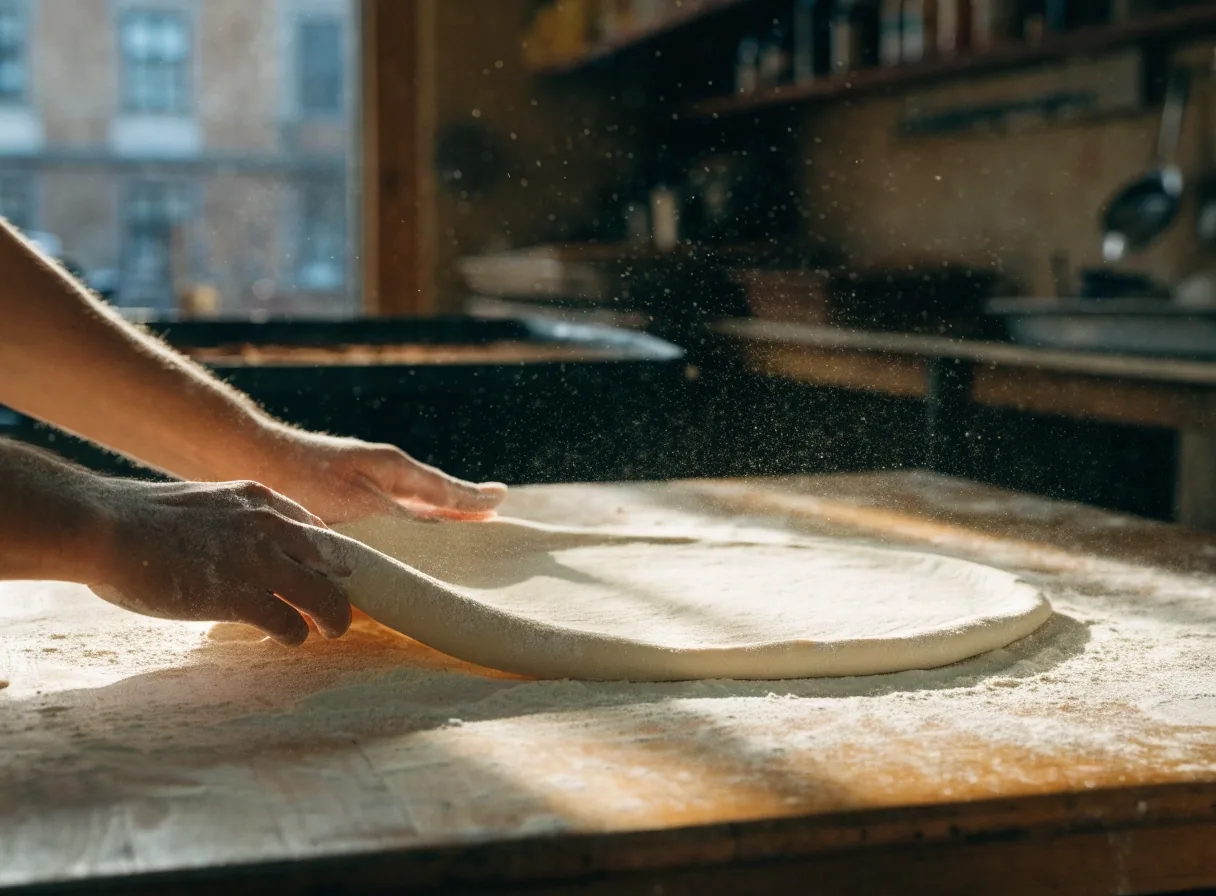 Wooden prep table with flour and hands stretching dough